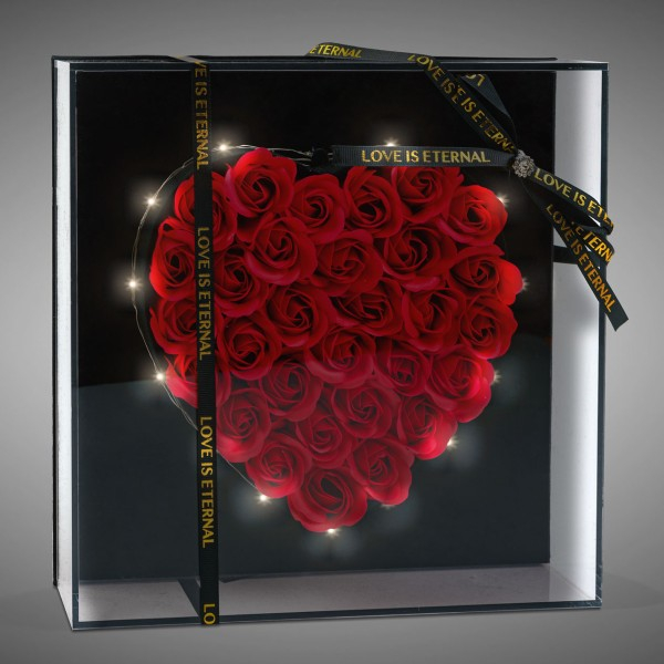 Cutie 33 Trandafiri din Sapun Rosii in Forma de Inima 29x29 cm cu LED Premium [3]