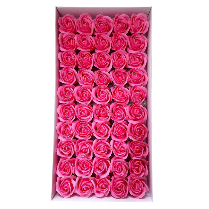 Cutie 50 trandafiri roz fucsia din sapun – flori artificiale parfumate pentru cadouri si decor [2]
