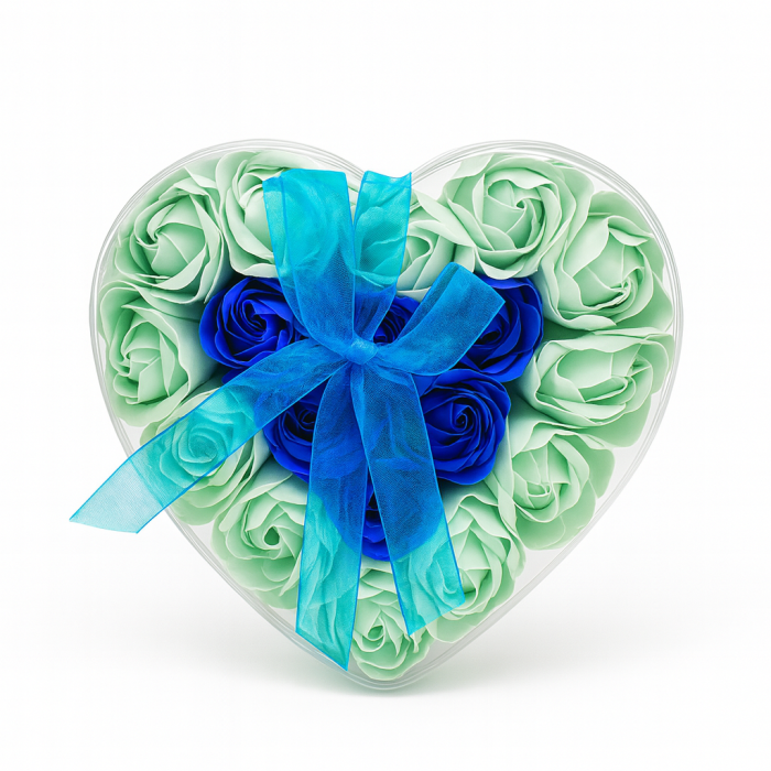Cutie Inima cu 18 Trandafiri Sapun Blue Mint – Cadou Luxury 15x15 cm [1]