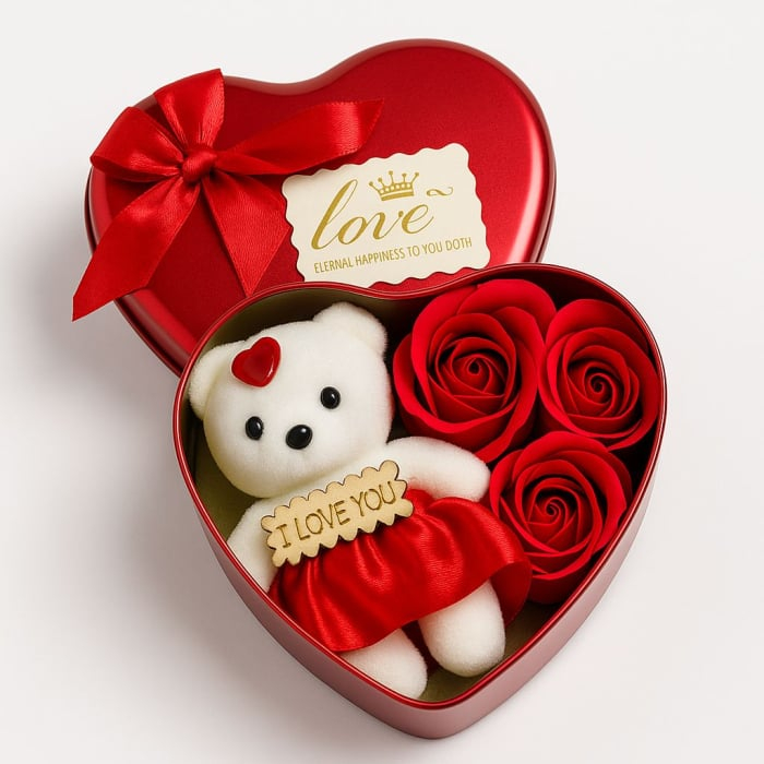 Cutie cadou in forma de inima cu trandafiri din sapun si urs de plus, rosu, 12 x 11 cm [2]
