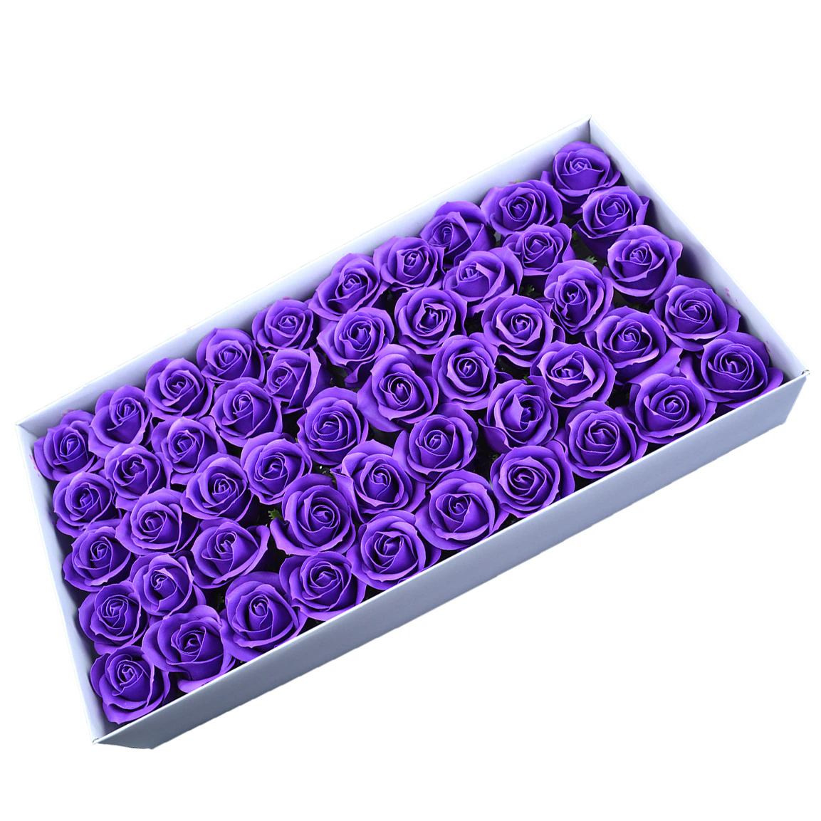 Cutie 50 trandafiri mov din sapun – flori artificiale parfumate pentru cadouri si decor [1]