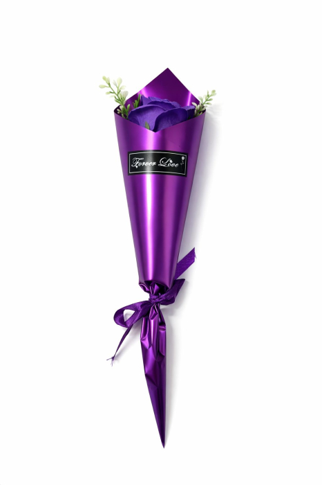 Buchet cu 1 trandafir de sapun mov intens, decorativ, 33 cm [2]