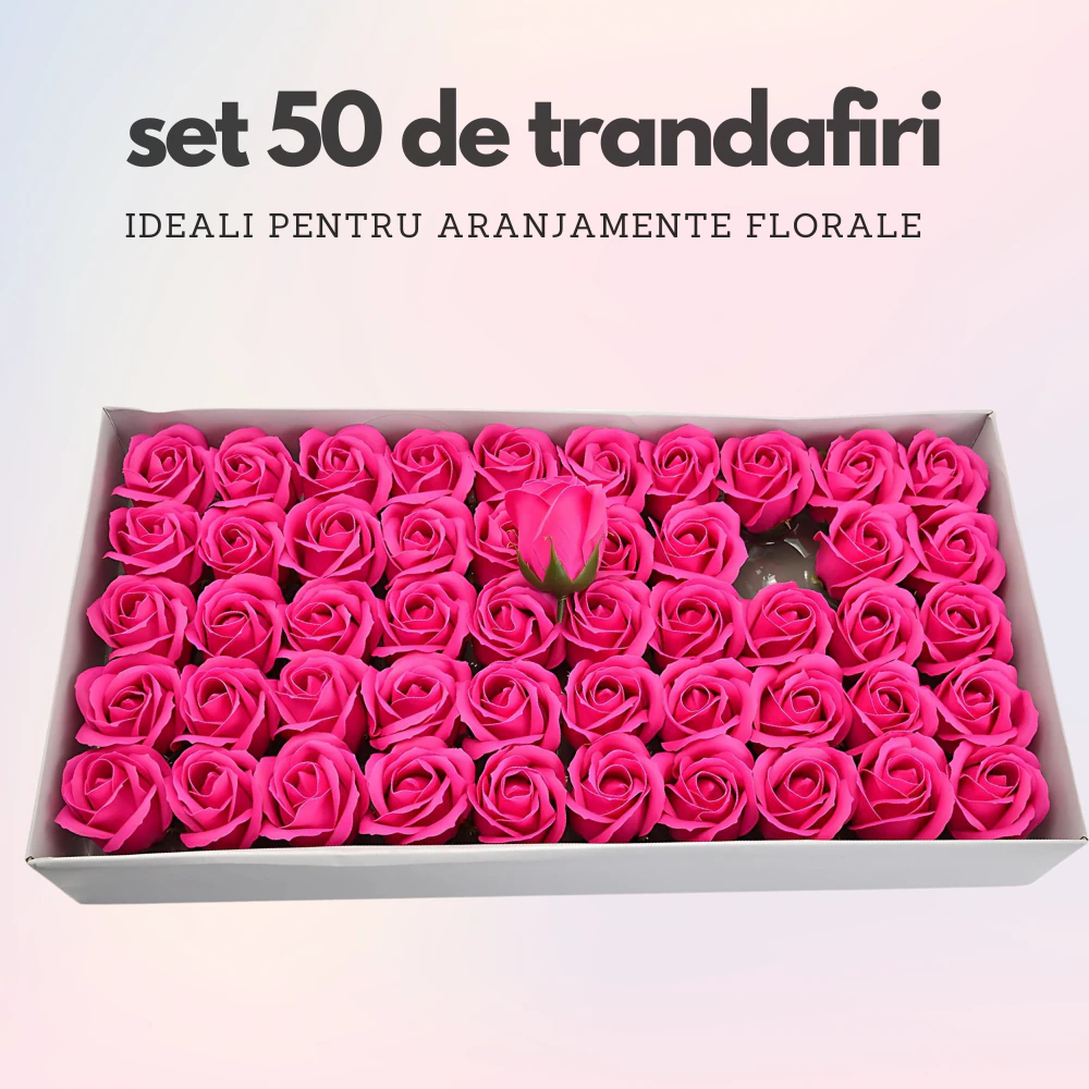 Cutie 50 trandafiri roz fucsia din sapun – flori artificiale parfumate pentru cadouri si decor [3]
