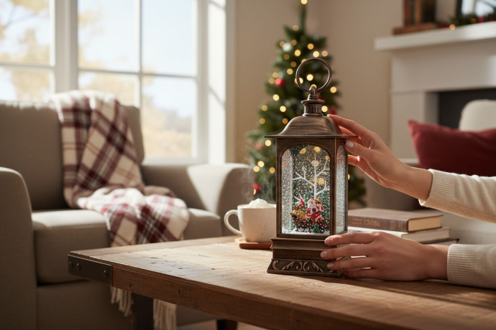 Felinar decorativ Craciun cu lumini LED si colinde, functional pe baterii si acumulator, 27.5x11.5x11.5cm [3]