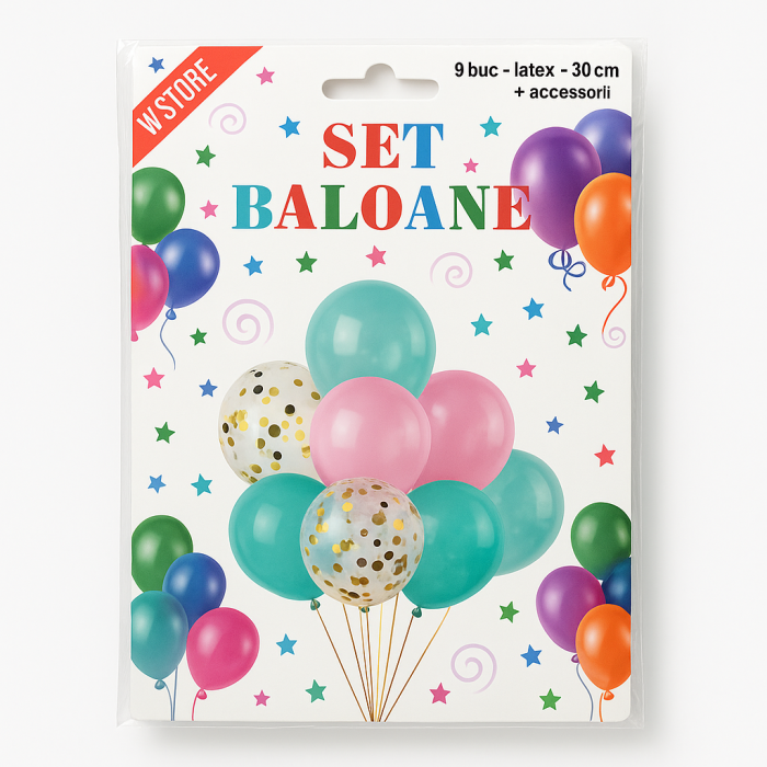 Set baloane latex 9 buc, 30 cm, multicolor cu confetti, accesorii incluse [2]