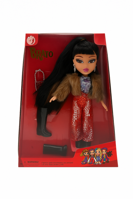 Papusa Brato Fashion cu pantaloni rosii, haina blanita si par lung negru, 29.5x22.5 cm, jucarie fete 3+ ani [1]