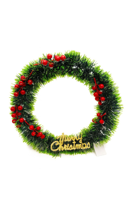 COROANA DECORATIVA CRACIUN VERDE CU BOABE ROSII SI MERRY CHRISTMAS, 30cm [2]