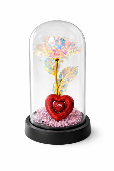 Cupola plastic cu trandafir alb irizat si inima Love LED, decor luminos, 20 cm, cutie cadou [2]