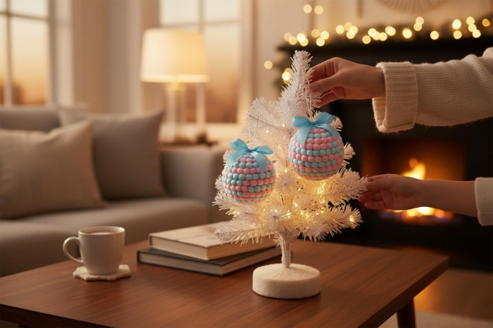 Set 12 globuri pastel albastru roz pentru brad, 9 cm per buc, model pufos cu fundita [2]