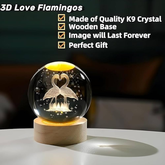 Glob Cristal 3D cu Pasari inima, LED si Baza Lemn, Decor Romantic 6 cm [4]