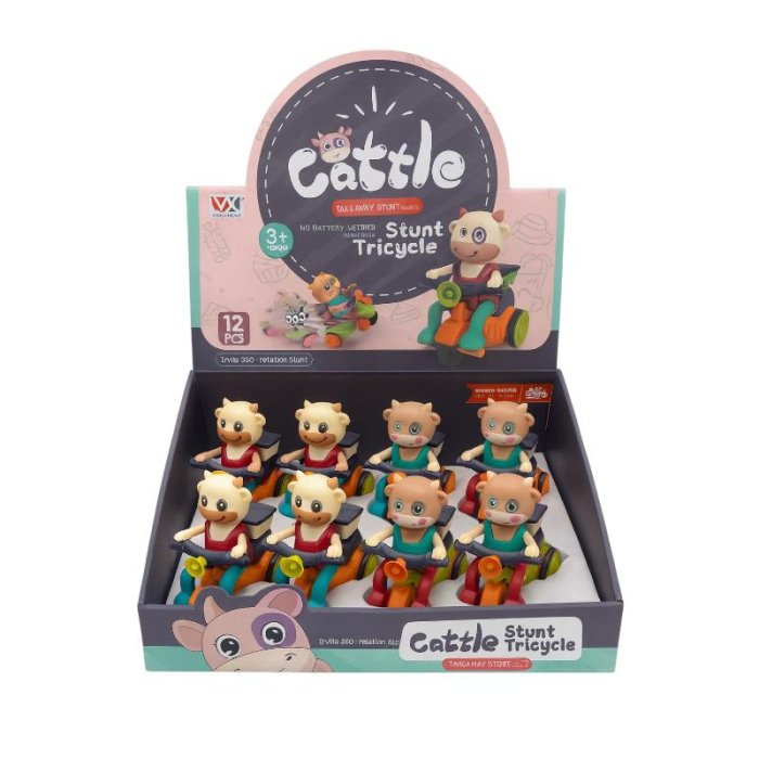Set 12 jucării mecanice vițeluș pe tricicletă, pull back, pentru copii 3+ ani [1]