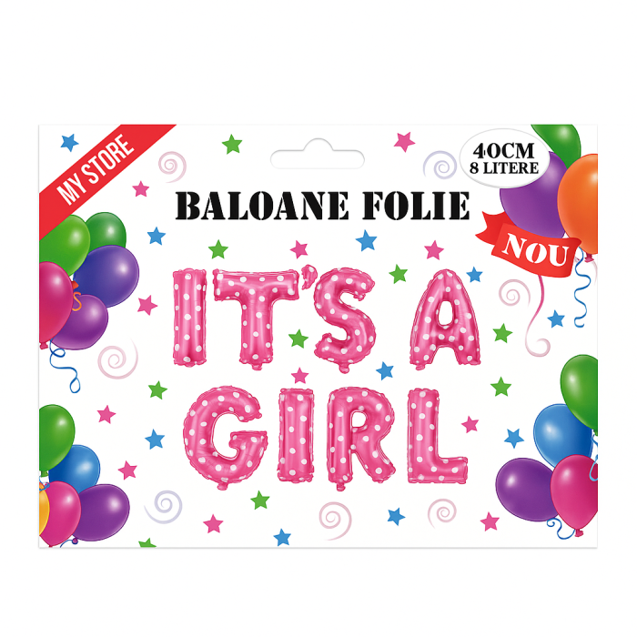 Set baloane folie IT'S A GIRL roz 40 cm, 8 litere, decor botez si gender reveal [2]