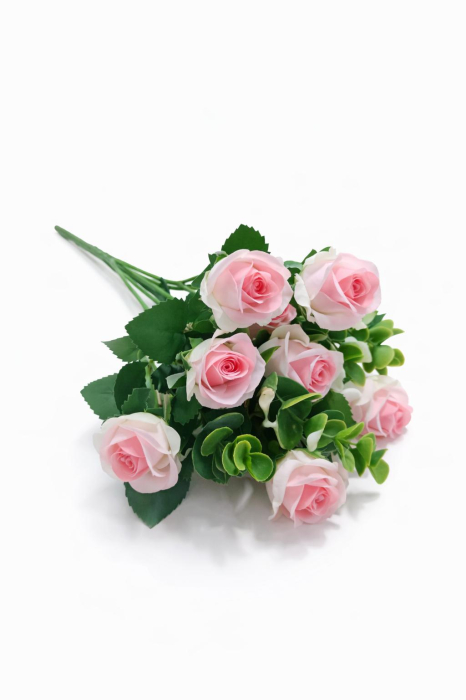 Buchet 11 trandafiri artificiali roz pal, frunze si eucalipt decorativ, 30cm [3]