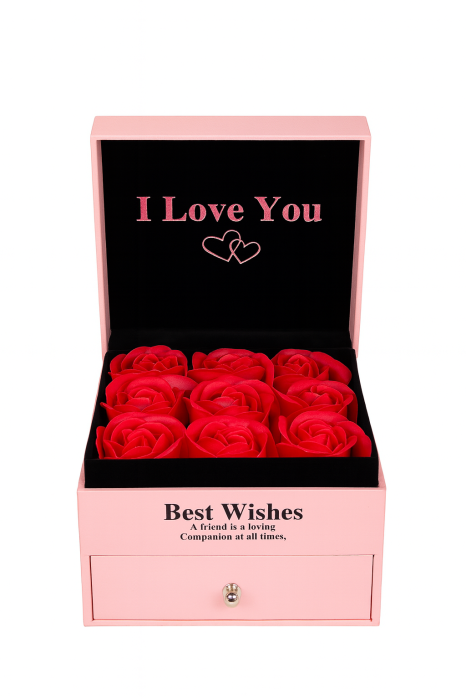 Cutie cadou cu 9 trandafiri de sapun rosii, model cu sertar, punga inclusa, 11x8 cm [2]