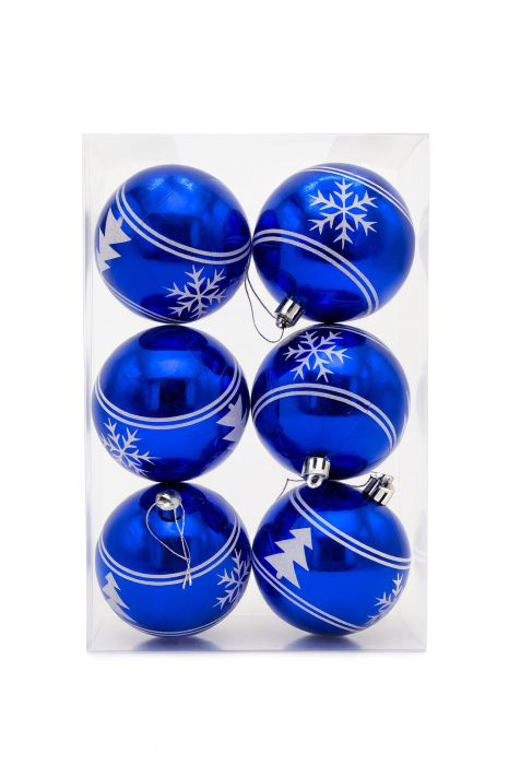 Set 6 globuri albastre lucioase cu model argintiu – ornamente pentru bradul de Craciun, 23x15.5x7.5cm [1]