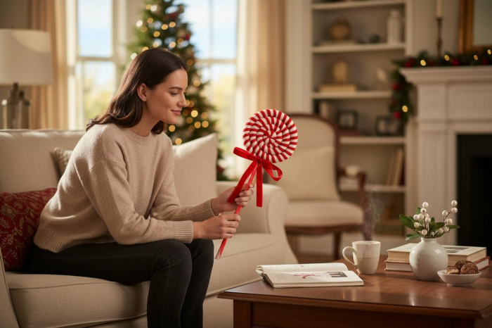 Set 12 decoratiuni acadea rosie pentru brad, 23 cm, model candy Craciun [2]