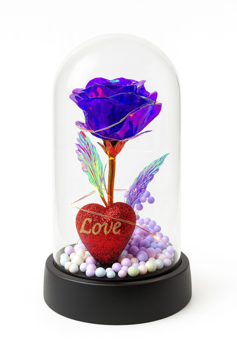 Trandafir Etern in Cupola Plastic 15 cm Lumini LED – Mov Baterii Incluse Decor Romantic [2]