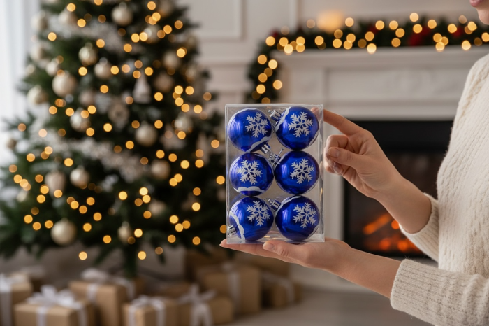 Set 6 Globuri Craciun Albastre 6 cm cu Fulgi Argintii, Ornament Brad [2]