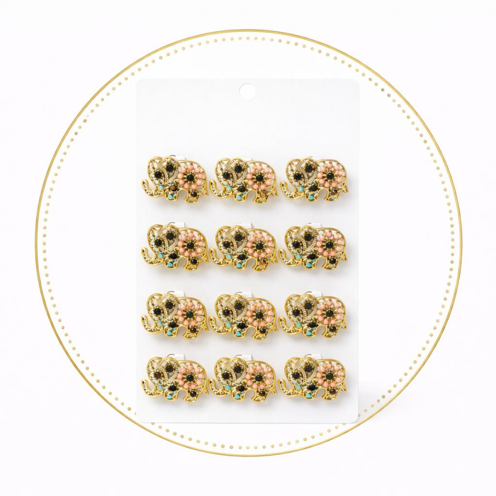 Set 12 brose martisor elefant auriu cu margele colorate, noroc si prosperitate 15x9cm [2]