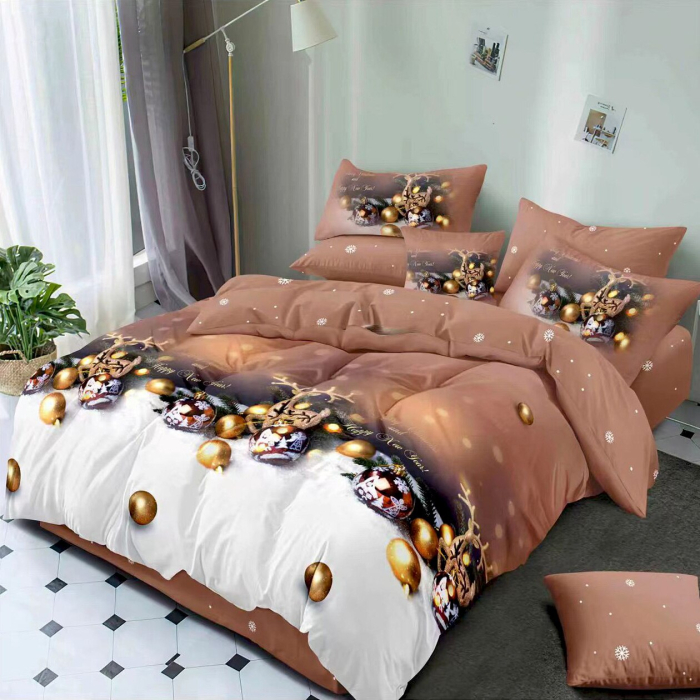 Lenjerie Pat Finet 6 Piese – Model Craciun cu Globuri Aurii & Ren, Maro-Bej, 200x230 cm [1]