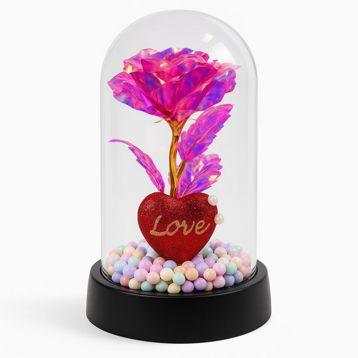 Trandafir Etern in Cupola Plastic 15 cm Lumini LED – Baterii Incluse Decor Romantic [2]