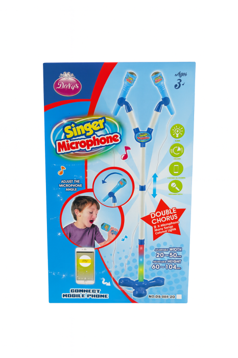 Microfon Muzical cu Stativ – Singer Microphone Albastru, Reglabil 60–104 cm, 2 Microfoane [1]