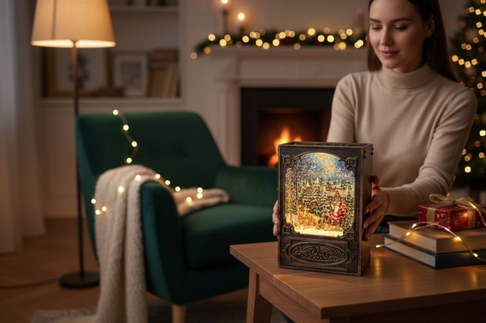 Decoratiune Craciun tip carte cu lumini LED, colinde si ninsoare, baterii si acumulator, 23x16x11cm [3]