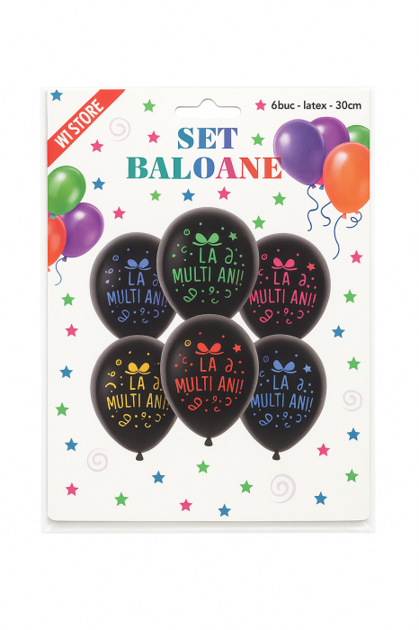 Set baloane latex La Multi Ani, 6 buc, 30 cm, model negru cu imprimeu colorat [2]