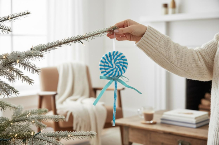 Set 12 decoratiuni acadea albastra pentru brad, 23 cm, model candy Craciun [3]