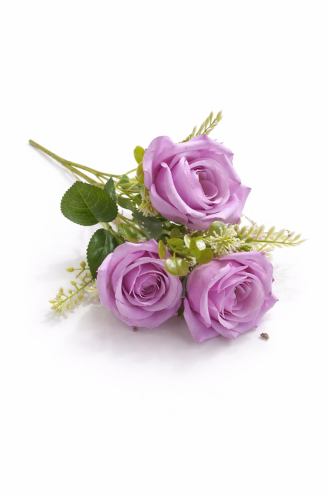 Buchet 5 trandafiri artificiali lila cu frunze si boboci decorativi 30cm [2]