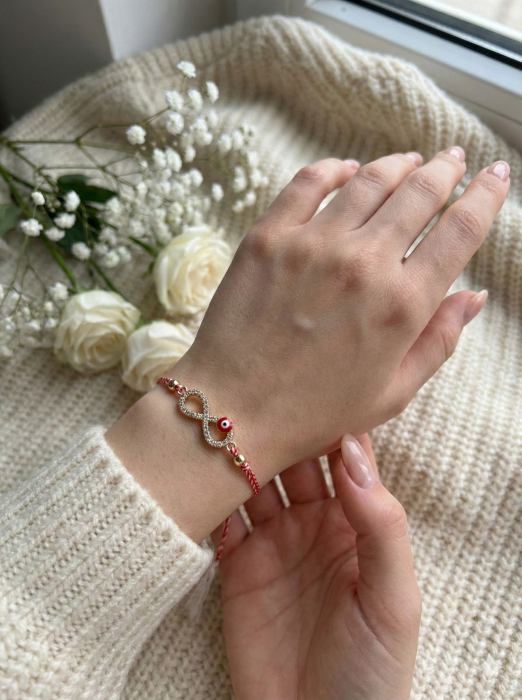 Set 12 bratari martisor cu simbol infinit si ochi norocos, snur reglabil rosu-alb [3]