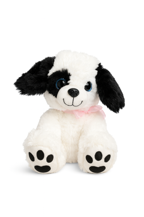 Catelus Plus Alb-Negru 25 cm – Jucarie Pufosa cu Fundita Roz [1]