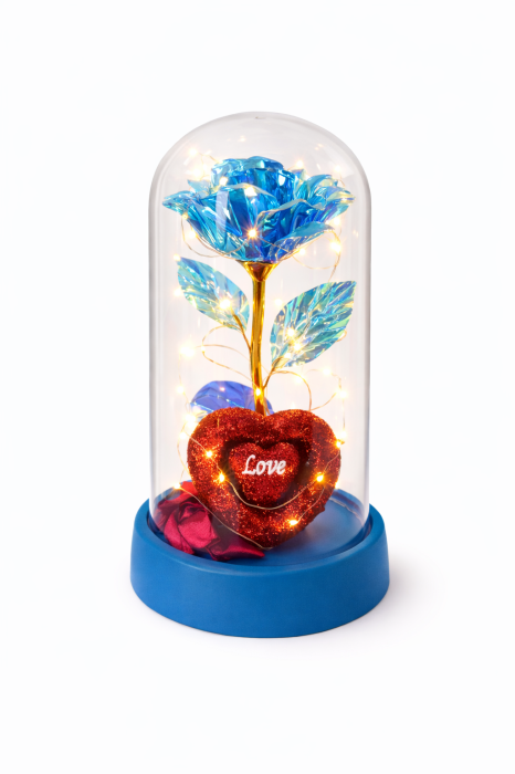 CUPOLA CU TRANDAFIR Royal Love Blue, Inima Decorativa, LED Cald, Cadou Romantic Elegant [2]