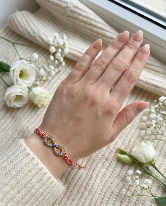 Set 12 bratari martisor infinit auriu cu pietricele si ochisor, snur reglabil, 20x11cm [2]