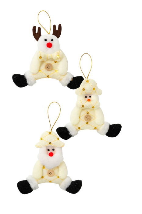 Set 12 decoratiuni Craciun textile crem – ren, moș si om de zapada, 14cm [1]