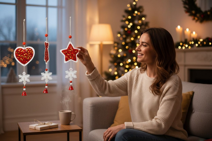 Set 12 decoratiuni lemn Craciun rosii cu sclipici 25 cm modele combinate [2]