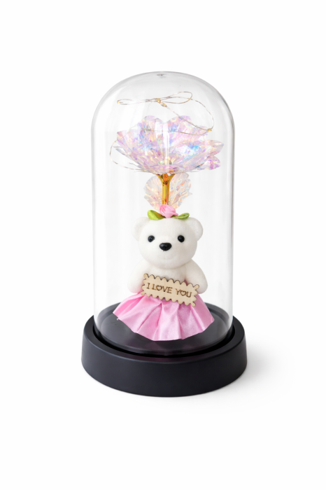 Cupola cu Ursulet si Trandafir Royal Irizat, LED Decorativ, 20x11 cm, Fara baterii incluse [2]