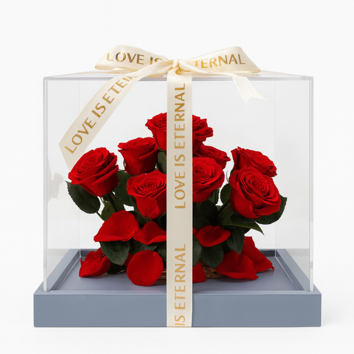 Cutie Premium cu 9 Trandafiri Criogenati Rosii 30x25x18 cm Love Is Eternal [2]