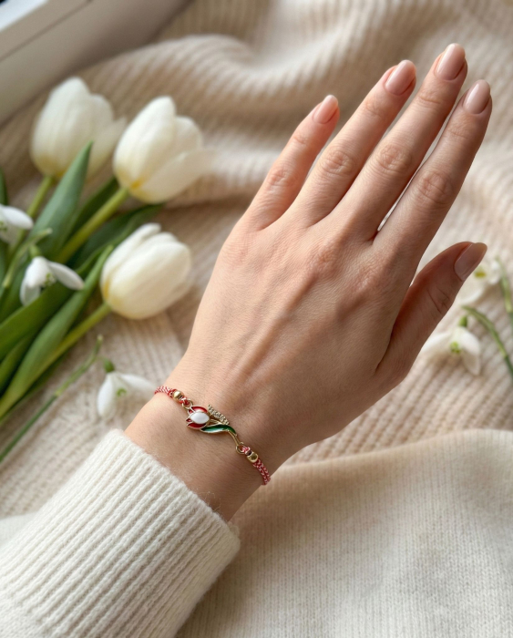 Set 12 bratari martisor cu lalea metalica rosie, snur reglabil, simbol primavara [3]