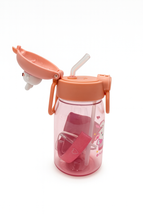 Sticla Kids Bunny Peach 500ml – Model Dragalas cu Pai, Capac Flip si Bretea Reglabila [2]