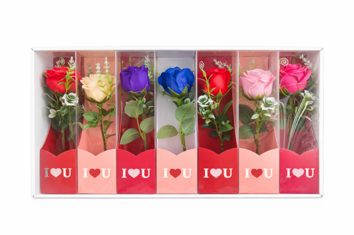 Set 7 flori artificiale cu LED si baterii incluse, ambalaj cadou I Love U, 26 x 7 cm [2]