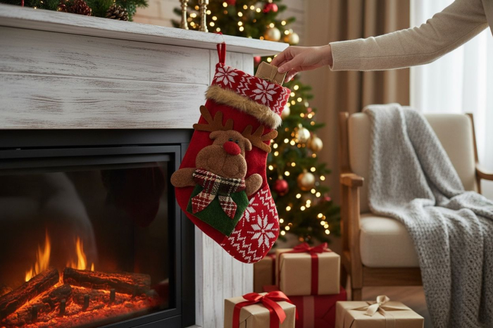 Șosetă Cadouri Moș Nicolae cu Ren – Model Textil Roșu cu Motive de Iarnă, 30x25cm [2]