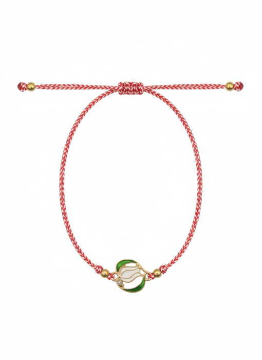 Set 12 bratari martisor lalea alba cu frunze si stras, snur alb rosu, 20x11cm [2]