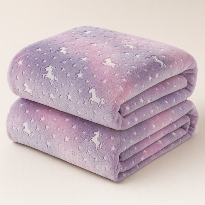 Patura Cocolino Fosforescenta 200x230 cm, 1 KG – Mov Lila cu Unicorni, Pufoasa [3]