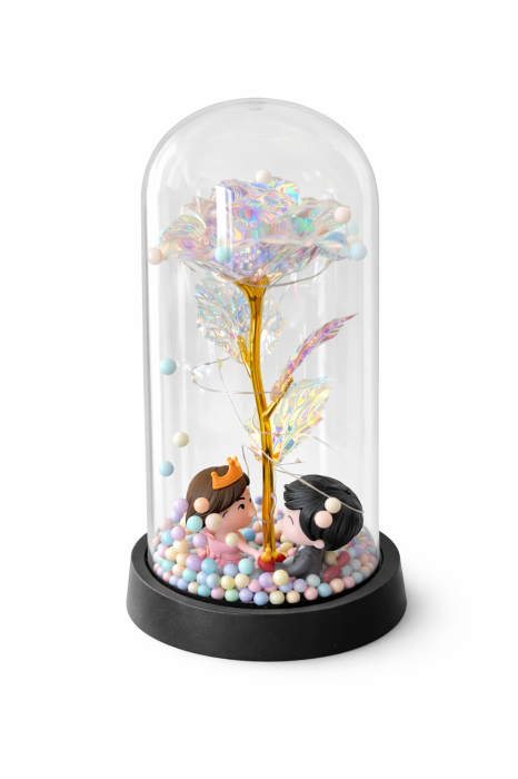 Cupola plastic cu trandafir irizat LED si 2 indragostiti, 20 cm, cutie cadou [2]