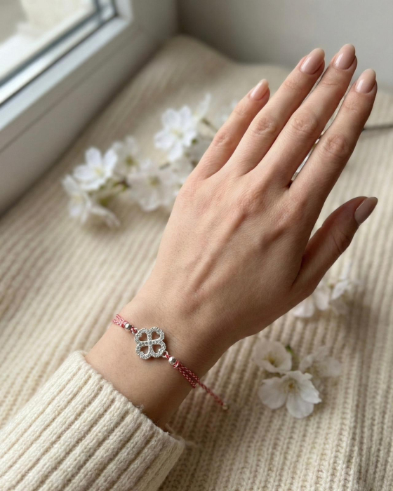 Set 12 Bratari Martisor cu Trifoi Argintiu cu Strasuri, Snur Rosu Reglabil, 20x11 cm [3]