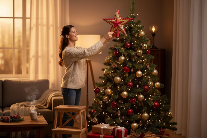 Varf brad stea rosie cu model auriu pentru decoratiuni Craciun, 19.5x19.5cm [2]