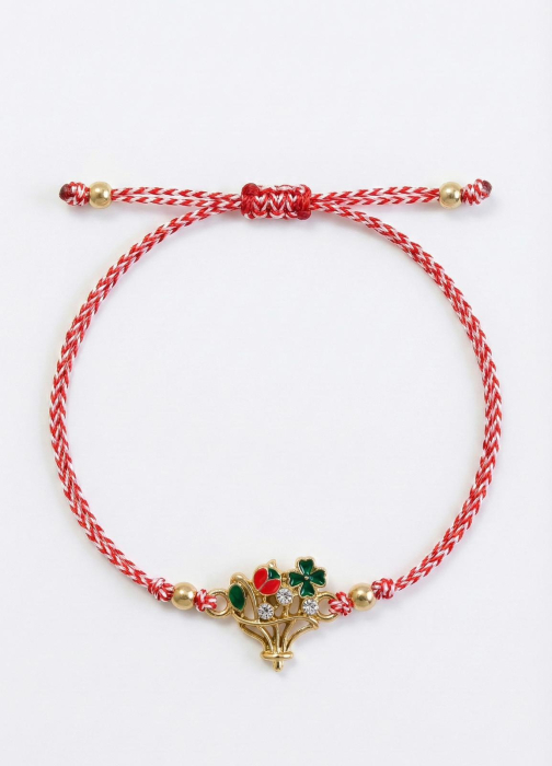 Set 12 Bratari Martisor cu Cosulet Auriu, Floare, Trifoi si Buburuza, Snur Rosu, 20x11 cm [2]