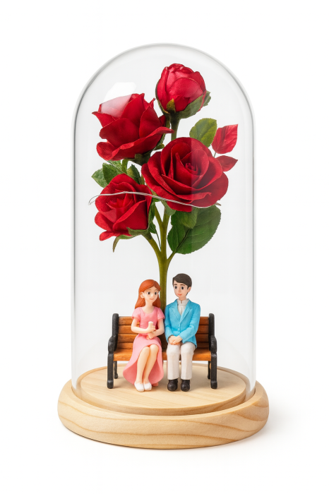 Cupola cu Trandafiri Artificiali si Figurine Cuplu 19.5x10 cm cu Lumini LED [2]