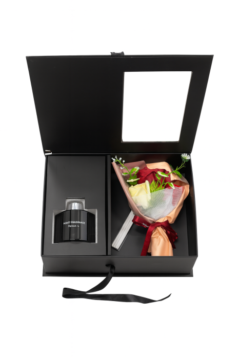 Set cadou premium 25x19x9.5 cm cu flori decorative si difuzor parfum, cutie eleganta + punga [2]